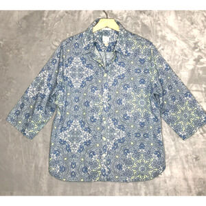 Chicos No Iron Button Down Shirt Womens XL Blue White Yellow Medallion 3/4 Slv